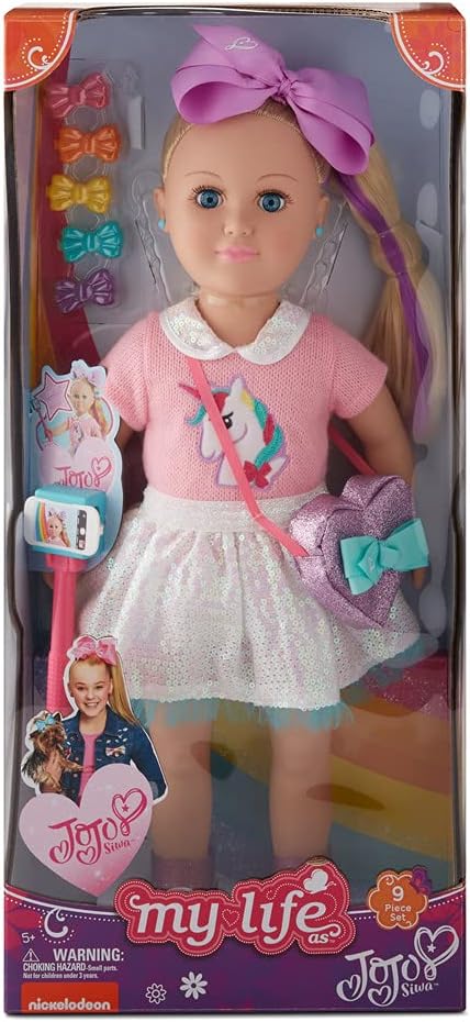 My Life As 18-inch Poseable JoJo Siwa Doll holding cell phone and selfie stick for creative fun.