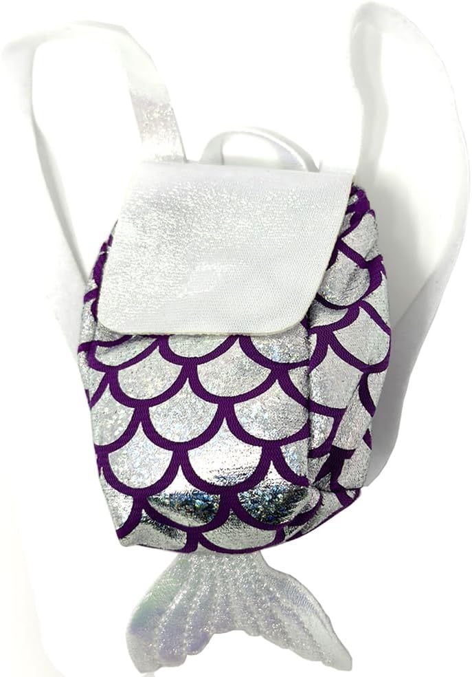 My Life As Mermaid Mini Backpack — silver, purple, and white shiny backpack for 18-inch dolls.