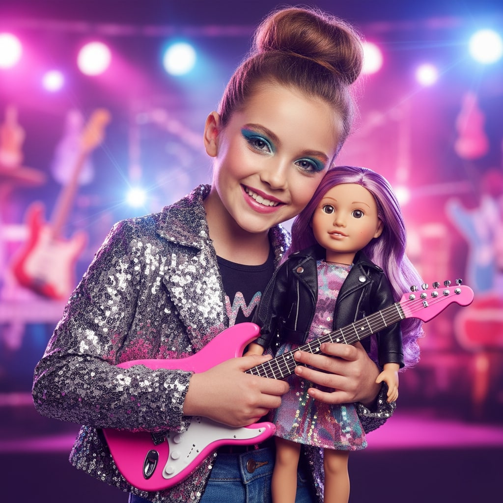 Smiling girl in silver jacket holding pink guitar and My Life As rock star doll with purple hair.